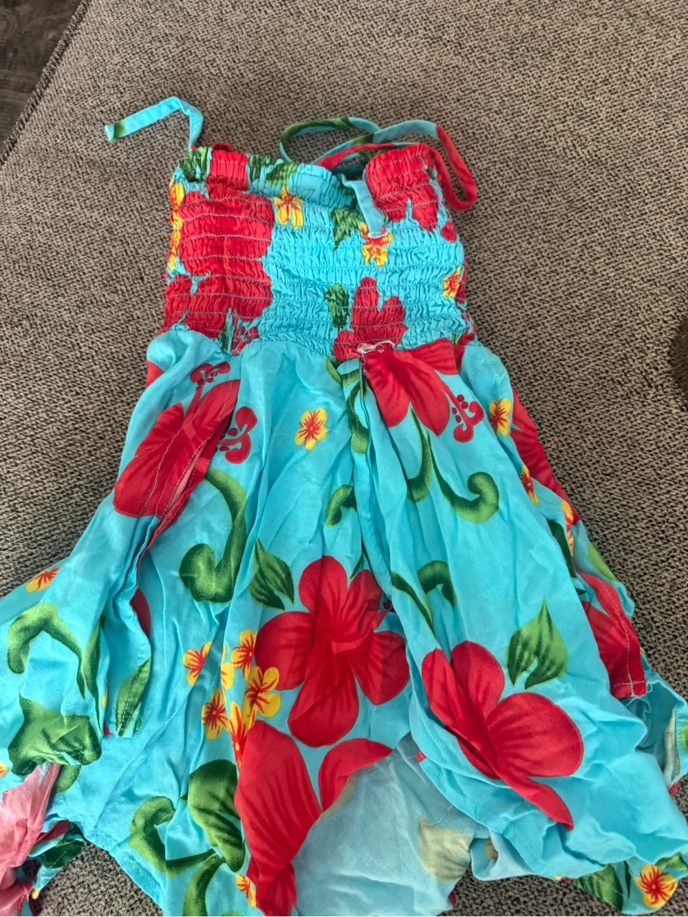 Turquoise Floral Sundress with Red Hibiscus Print
